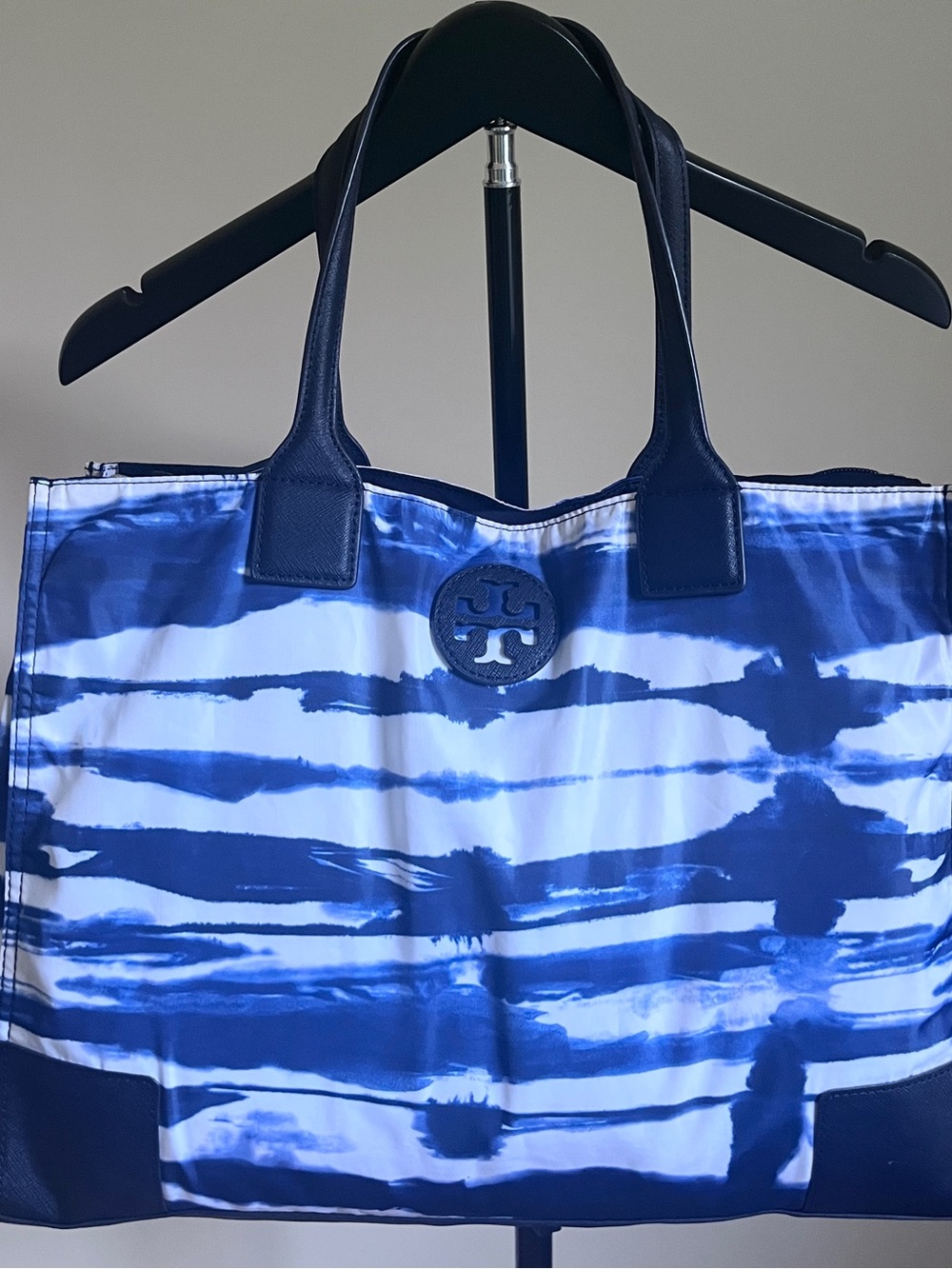 Tory Burch Ella Large Nylon Tote Navy Blue White Stripe Beach Bag Leather Trim
